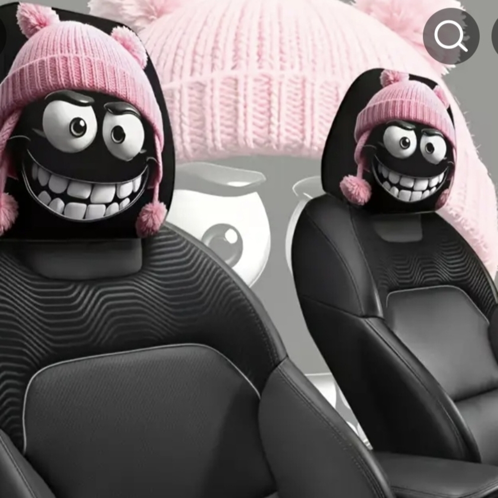 Black and Pink Cartoon Face Car Head Rest Seat Covers